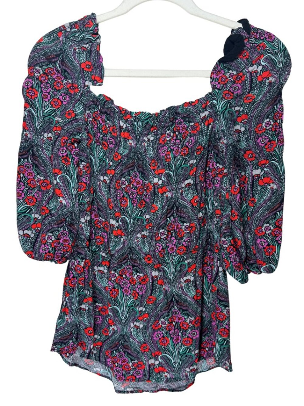 Multicolor Floral Puff Sleeve Boho Blouse Red Purple Green — Size Small
